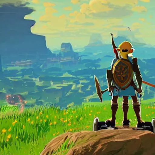 Image similar to Link riding a Segway in The Legend of Zelda Breath of the Wild