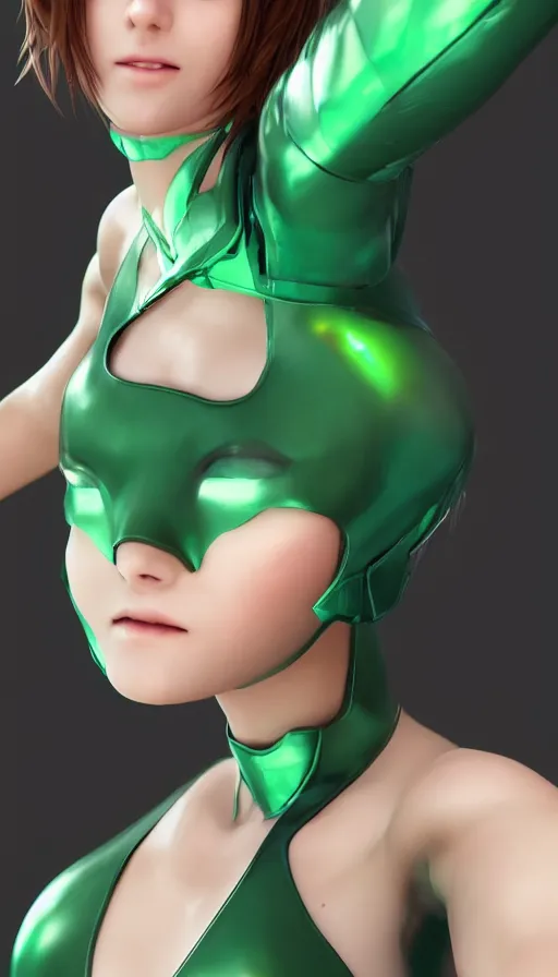 Prompt: render beautiful 3 d anime woman with short brown hair, heterochromia, blue eye and green eye, bodysuit, heavy makeup, short smile, cinematic lightning, highly detailed, trending on artstation, unreal engine 4 k, cinematic wallpaper