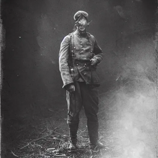 Prompt: A wet-collodion styled photograph of a disheveled solider coming back from battle looking defeated, staring straight into the camera. Depth of field, smoke, high contrast, extremely detailed.