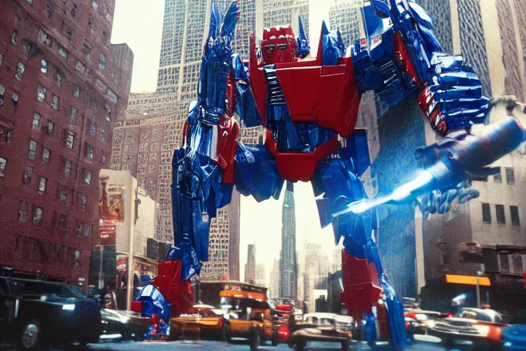 Image similar to optimus prime fighting godzilla in new york city, cinestill,