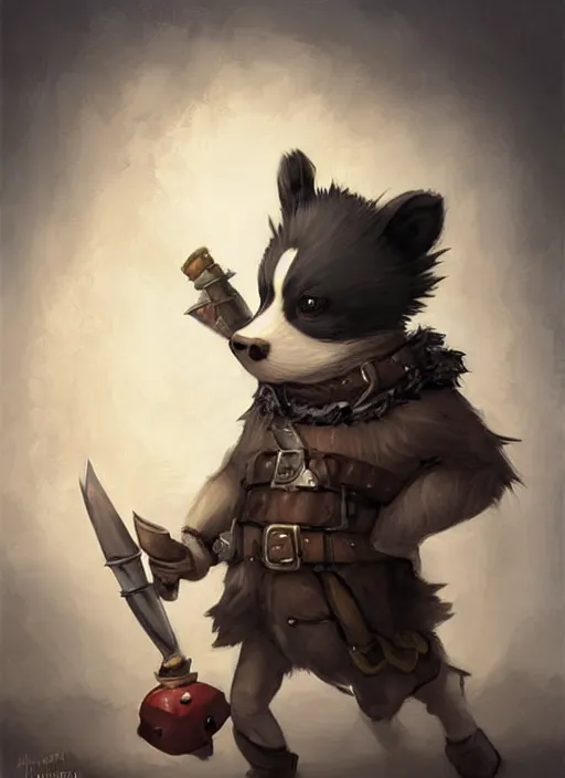 Prompt: cute little anthropomorphic skunk hunter wearing bindrain (eyepatch), tiny, small, miniature animal, baby animal, short, pale black armor, cute and adorable, pretty, beautiful, DnD character art portrait, matte fantasy painting, DeviantArt Artstation, by Jason Felix by Steve Argyle by Tyler Jacobson by Peter Mohrbacher, cinematic lighting