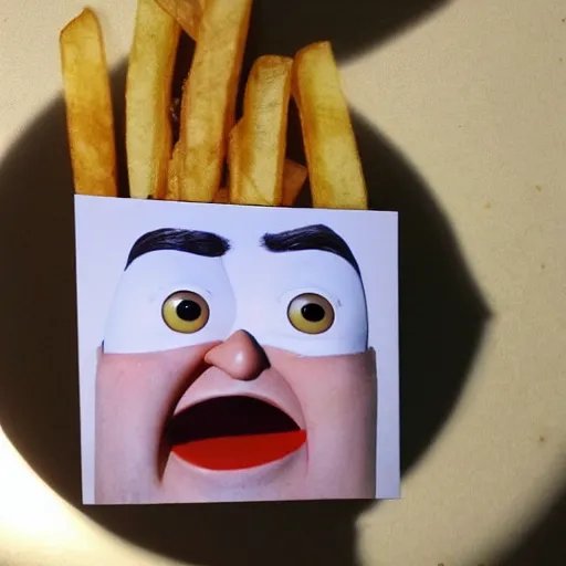 Image similar to photo of [ a single salted french fry chip ] shaped like that looks like stephen fry as a pixar character hybrid intercross mix cinematic lighting