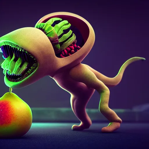 Image similar to beautiful digital fantasy illustration of alien fruit, a creepy dog attacking a stuffed animal, octane render, detail texture, unreal engine, 8 k, photographic quality, ultra hyper realistic quality