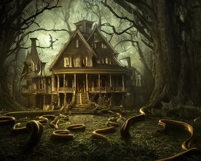 Prompt: the scariest witches house with giant snakes on the roof, in the scariest dark forest, epic scene, dark, scary, horror, frightening, fantasy, cinematic, redshift render, cgi, hyper - detailed, photo - bash, 8 k post - production, masterpiece, in the style of greg rutkowski