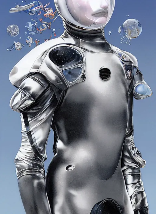 Prompt: hybrid alexander mcqueen astronaut in dark void underwater - complex and fashionable hybrid suit dress design. reflection and dispersion materials. rays and dispersion of light. volumetric light. f / 3 2. flash photography. ultra realistic, 5 0 mm. poster by wayne barlowe, hajime sorayama, aaron horkey, craig mullins