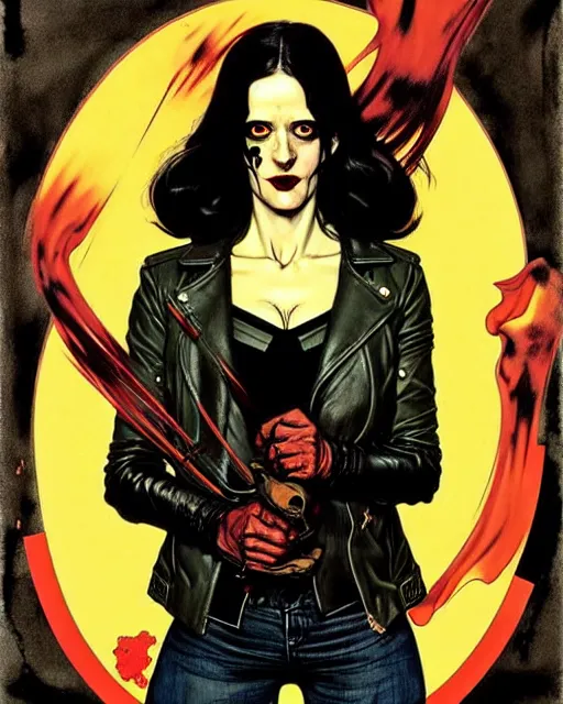 Image similar to Rafael Albuquerque comic cover art, Norman Rockwell, Joshua Middleton, pretty Eva Green vampire, sharp vampire teeth, sarcastic smile, symmetrical eyes, symmetrical face, brown leather jacket, jeans, long black hair, full body, building on fire, cool colors