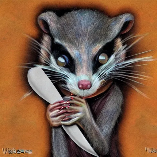 Prompt: creepy possum holding a knife by wiebke rauers