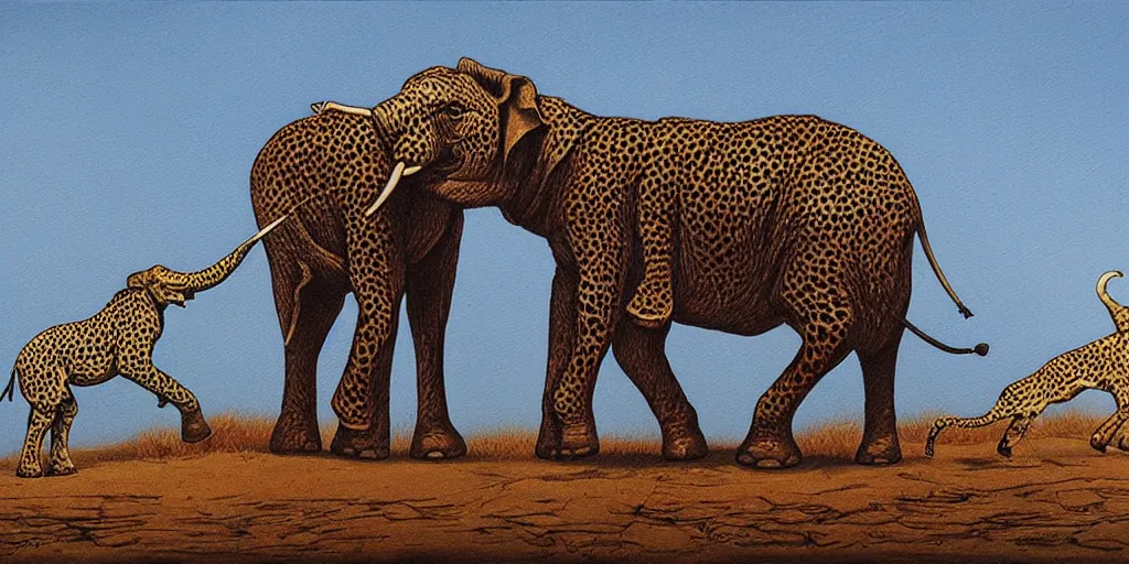 Image similar to Highly detailed painting of a elephant and a cheetah by moebius