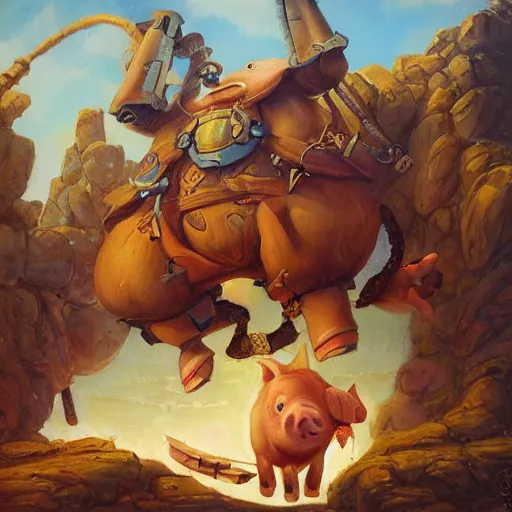 Image similar to catapult launching a pig, oil painting by justin gerard, deviantart