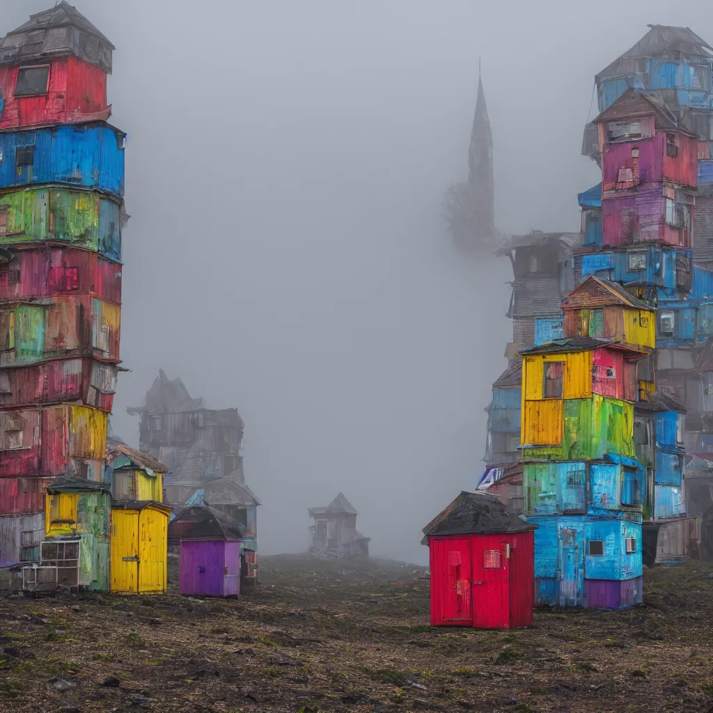 Image similar to two towers, made up of colourful makeshift squatter shacks, uneven fog, dystopia, sony a 7 r 3, f 1 1, fully frontal view, photographed by jeanette hagglund