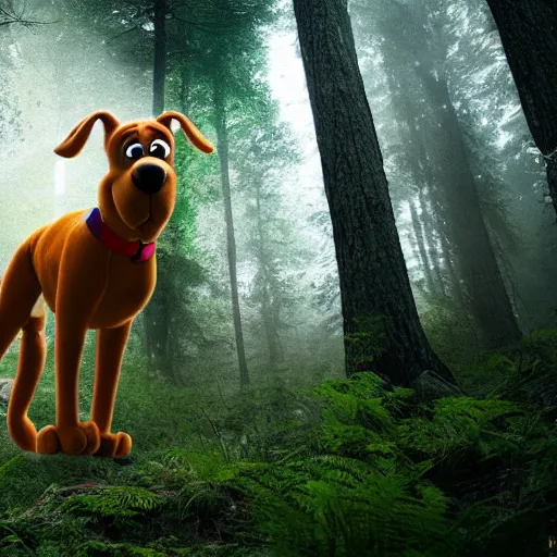 Image similar to realistic photograph of scooby doo walking in the forest, national geographic, 8 k, cinematic, nature