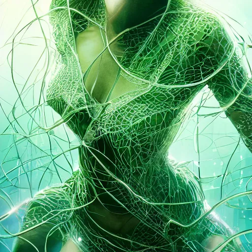 Prompt: a highly detailed digital image of a shattering futuristic woman elegantly tangled in green leafy vines, matte white background by Andrew Chiampo, artstation, and Frederik Heyman, extremely detailed woman, stunning volumetric lighting, hyper realism, fantasy 4k