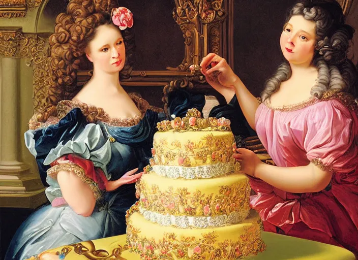 Prompt: baroque rococo painting portrait woman admires cake by Greg Hildebrandt high detail elaborate fancy cake