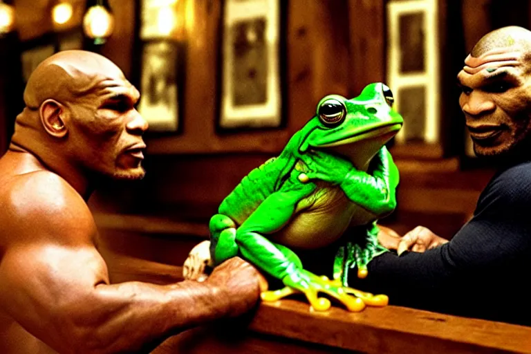 Image similar to a giant frog sitting with mike tyson in a bar, mike tyson with a toad, movie directed by martin scorsese and christopher nolan, masterpiece, 8 h