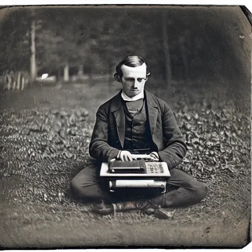 Image similar to Daguerreotype photo of a man from the 1800s sitting in a park working on a laptop computer