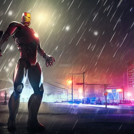 Image similar to a hyperdetailed photograph of iron man flying through the skies of a cyberpunk, futuristic city, night, dense fog, rain, hd, 8 k resolution