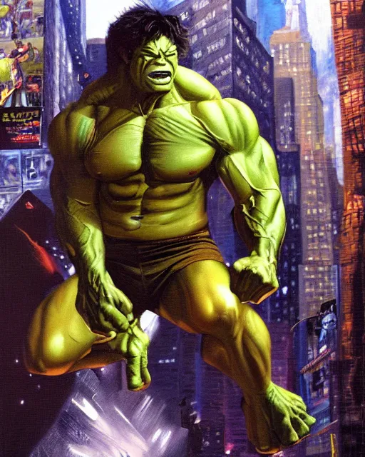 Image similar to a moody oil painting of the incredible hulk on a rampage in new york city by joe jusko. dramatic lighting. action and destruction.