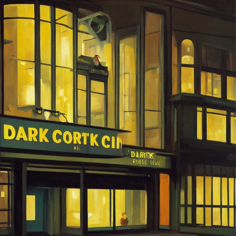 Image similar to dark city all stores closed, except one store glowing inside between dark closed stores, painted by Edward Hopper and James Gilleard, oil painting