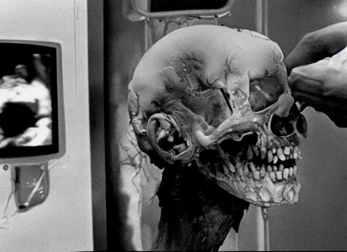 Prompt: disturbing footage of exploded head crooked teeth blood operations room horror film practical fx by david cronenberg ridley scott 1 9 7 0
