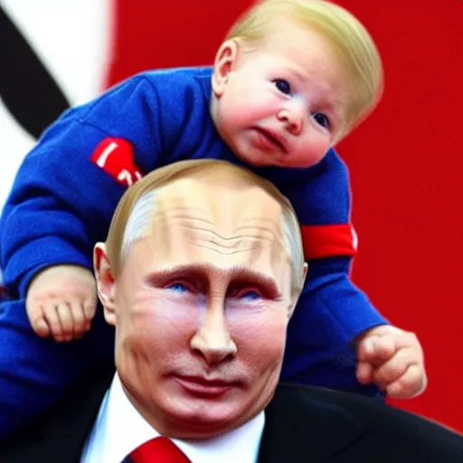 Prompt: Putin giving baby trump a piggyback ride, baby trump has a full trump haircut