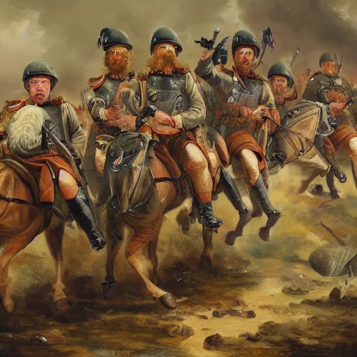 Image similar to found footage of general boris johnson leading his men into battle, glorified image, 8k, oil painting