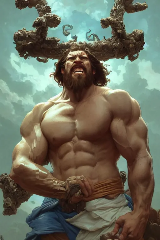 Image similar to hulking herculean ogre jesus christ, masterpiece, intricate, elegant, highly detailed, digital painting, artstation, concept art, smooth, sharp focus, illustration, art by artgerm and greg rutkowski and alphonse mucha and uang guangjian and gil elvgren and sachin teng, symmetry!!