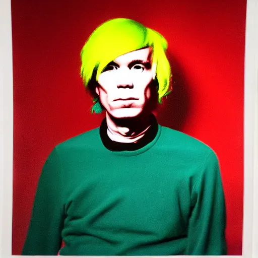 Image similar to Colorized Colored Modern Portrait of Andy Warhol, taken in the 2010s, photo taken on a 2010s camera, grainy, real life, hyperrealistic, ultra realistic, realistic, highly detailed, epic, HD quality, 8k resolution, body and headshot, film still, front facing, front view, headshot and bodyshot, detailed face, very detailed face, modern portrait, modern camera, body and head are in frame, detailed face, very detailed face