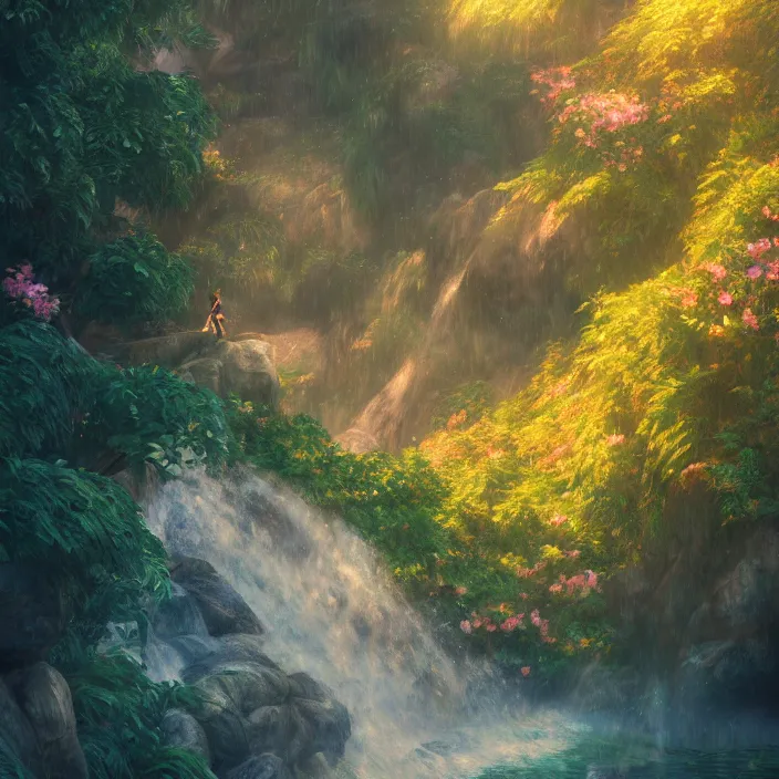 Prompt: an epic makoto shinkai and renoir landscape with a hawaiian waterfall, golden hour, 🌺, ultra smooth, octane render, lois van baarle, ilya kuvshinov, unreal engine, blender, trending on artstation, suntur, caleb worcester, highly detailed, photorealism, bloom effect