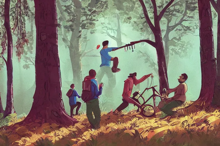 Image similar to mid - thirties guys binge drinking and hiking in a forest, one person pissing on a tree, one person is laying on the ground drunk, in the style of simon stalenhag