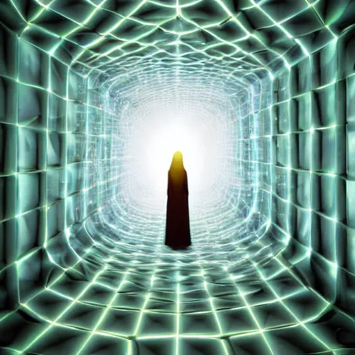 Image similar to divine feminine goddess descending down a hallway of light inside a fractal hypercube