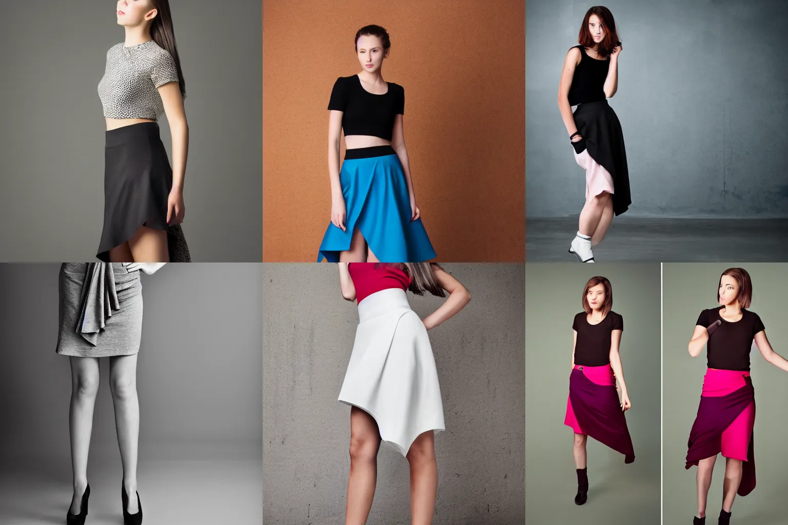 Prompt: beautiful young fashion model in an asymmetrical skirt, studio photography