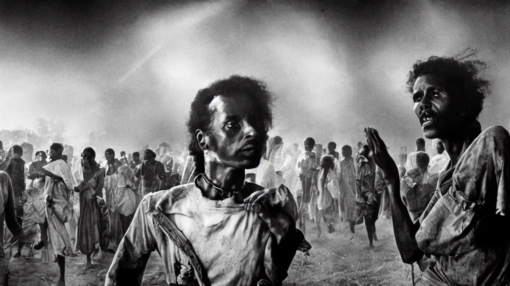 Prompt: 1984 Ethiopian famine, Live Aid, atmospheric, dark, portrait picture, movie scene, hd, 4k, wide angle