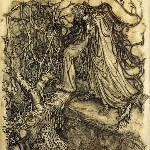 Image similar to once upon a midnight dreary, while i pondered, weak and weary, over many a quaint and curious volume of forgotten lore, by arthur rackham, highly detailed, 8 k,