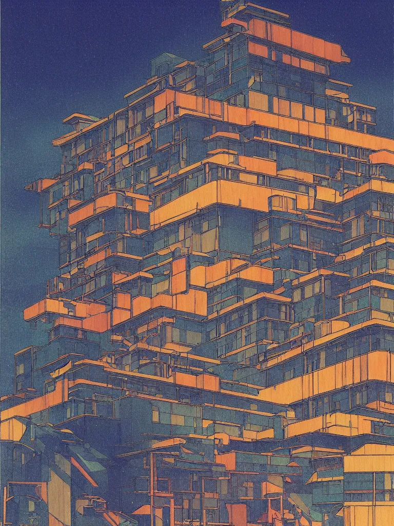 Image similar to a psychedelic hallucination of a brutalist hotel in the snowy mountains, by kawase hasui, moebius, edward hopper, colorful flat surreal design, dramatic lighting, hd, 8 k, artstation