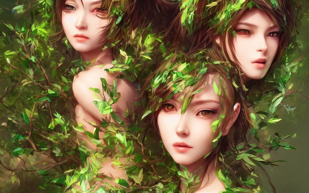 Prompt: A realistic anime portrait of a beautiful dryad twins with glowing green eyes and tree bark skin wearing clothes made of leaves, digital painting, by Stanley Artgerm Lau, Sakimichan, WLOP and Rossdraws, digtial painting, trending on ArtStation, SFW version