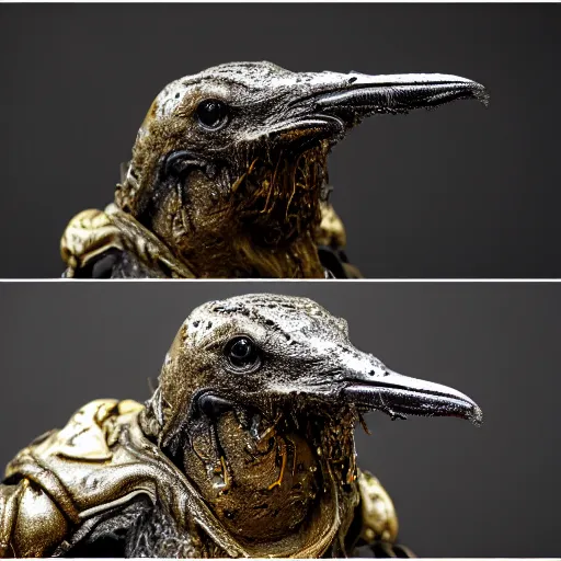 Image similar to photo taken of an epic intricate, ultra detailed, super realistic gritty, wet, lifelike sculpture of a ghoulish cyborg penguin created by weta workshop, zoomed in shots, sublime subsurface scattering, photorealistic, sharp focus, white wall coloured workshop, desaturated, cold colour temperture, f 0. 4, face centred, golden ratio, golden hour