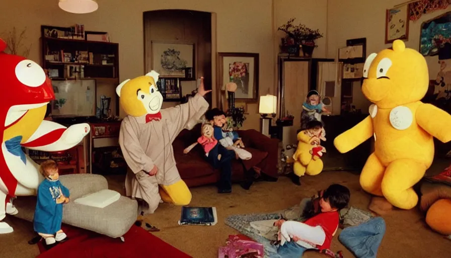 Image similar to 1990s candid 35mm photo of a beautiful day in the family living room, cinematic lighting, cinematic look, golden hour, a very large, oversized Japanese magical costumed toy salesman mascot is teleporting out of the TV and aggressively selling the family and kids toys by force, the costumed salesman is a very large giant, he has fancy decorations on his costume, there is a big toy in the living room with the family, toys in the room, UHD