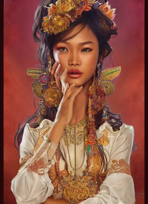 Image similar to portrait of an indonesian supermodels wearing traditional costume, highly detailed, digital painting, artstation, concept art, sharp focus, illustration, art by kittichai rueangchaichan and james gurney and alphonse mucha