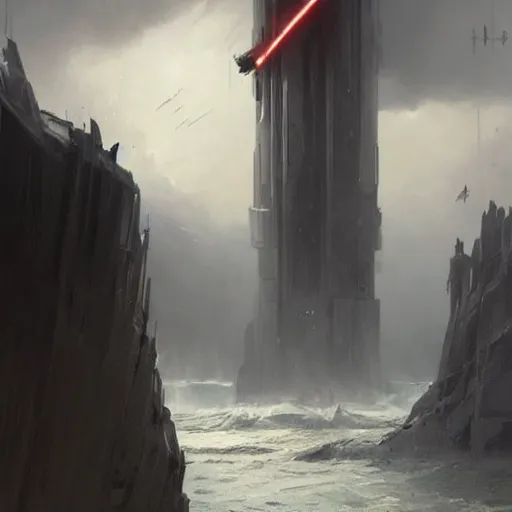 Image similar to star wars concept art by greg rutkowski, a brutalist giant tower in the middle of a raging and stormy ocean, lightning storm and gale force winds, dark environment, dramatic atmosphere, artstation hq.