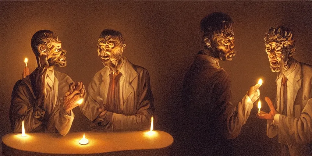 Image similar to two men arguing about neural networks in small room lighted by candles. highly detailed art by trevor brown