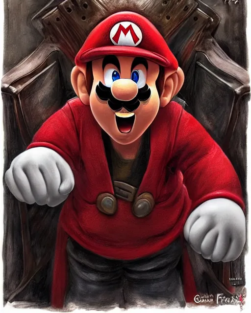 Image similar to portrait of super mario in game of thrones, red cap, beautiful, very detailed, hyperrealistic, medium shot, very detailed painting by Glenn Fabry, by Joao Ruas