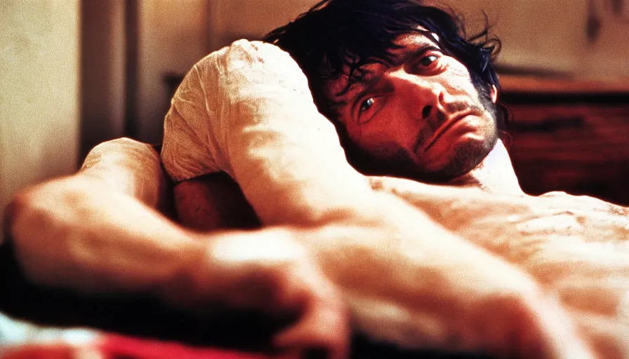 Image similar to 1 9 7 0 s movie still of jean - paul marat, cinestill 8 0 0 t 3 5 mm, high quality, heavy grain, high detail, panoramic, cinematic composition, dramatic light, ultra wide lens, anamorphic