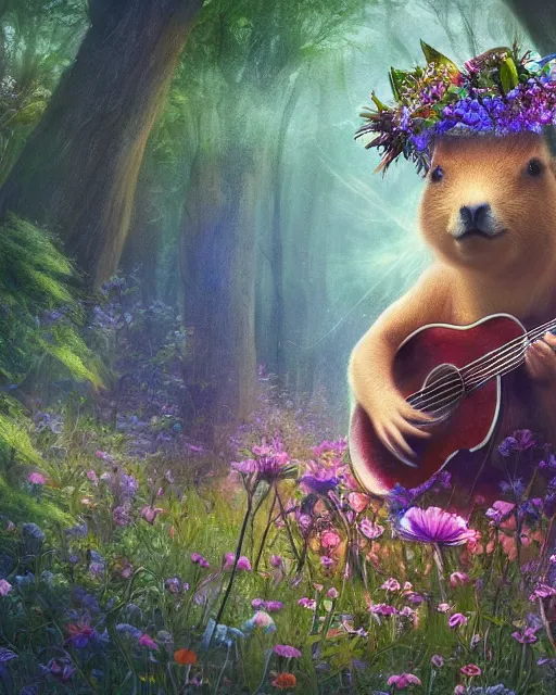 Image similar to Capybara playing Guitar in magical forest, portrait, wearing flower crown, magical notes, flowers, flower dress, birds, fairy atmosphere, magic the gathering artwork, D&D, fantasy, cinematic lighting, centered, symmetrical, highly detailed, digital painting, artstation, concept art, smooth, sharp focus, illustration, volumetric lighting, epic Composition, 8k, art by Akihiko Yoshida and Greg Rutkowski and Craig Mullins, oil painting, cgsociety