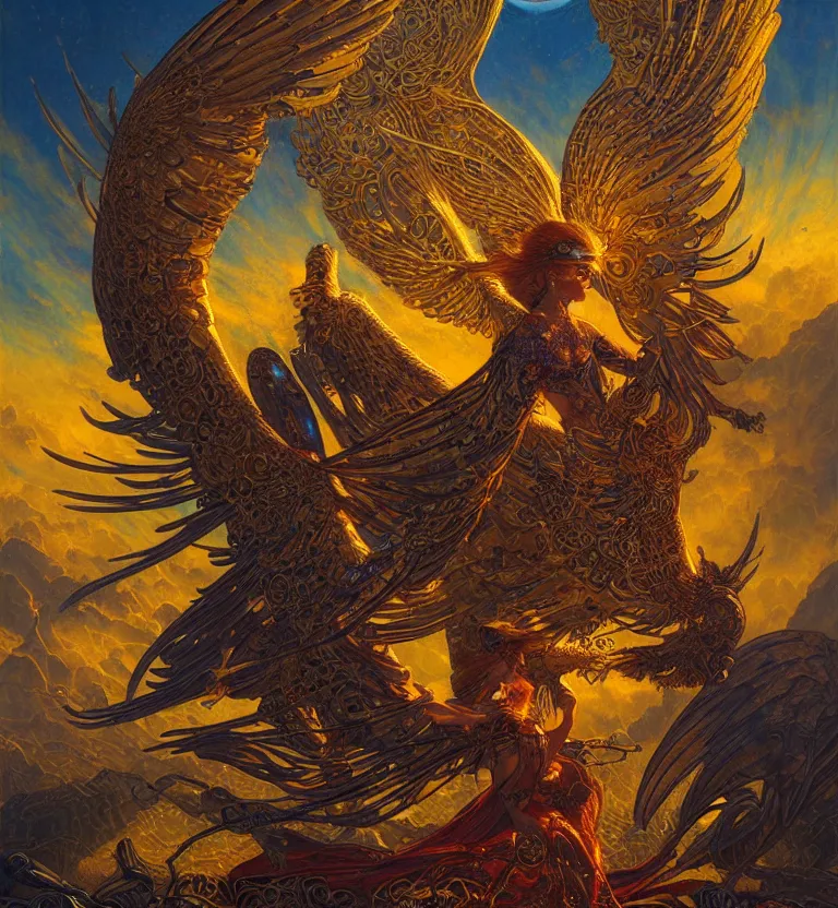 Image similar to a beautiful tarot card artwork of a cyberpunk seraphim in nature, backlit, highly detailed, golden hour, digital painting, by karol bak and justin gerard and dan mumford and artgerm, vivid colors, masterpiece, detailed shading, 8 k resolution, intricate, smooth