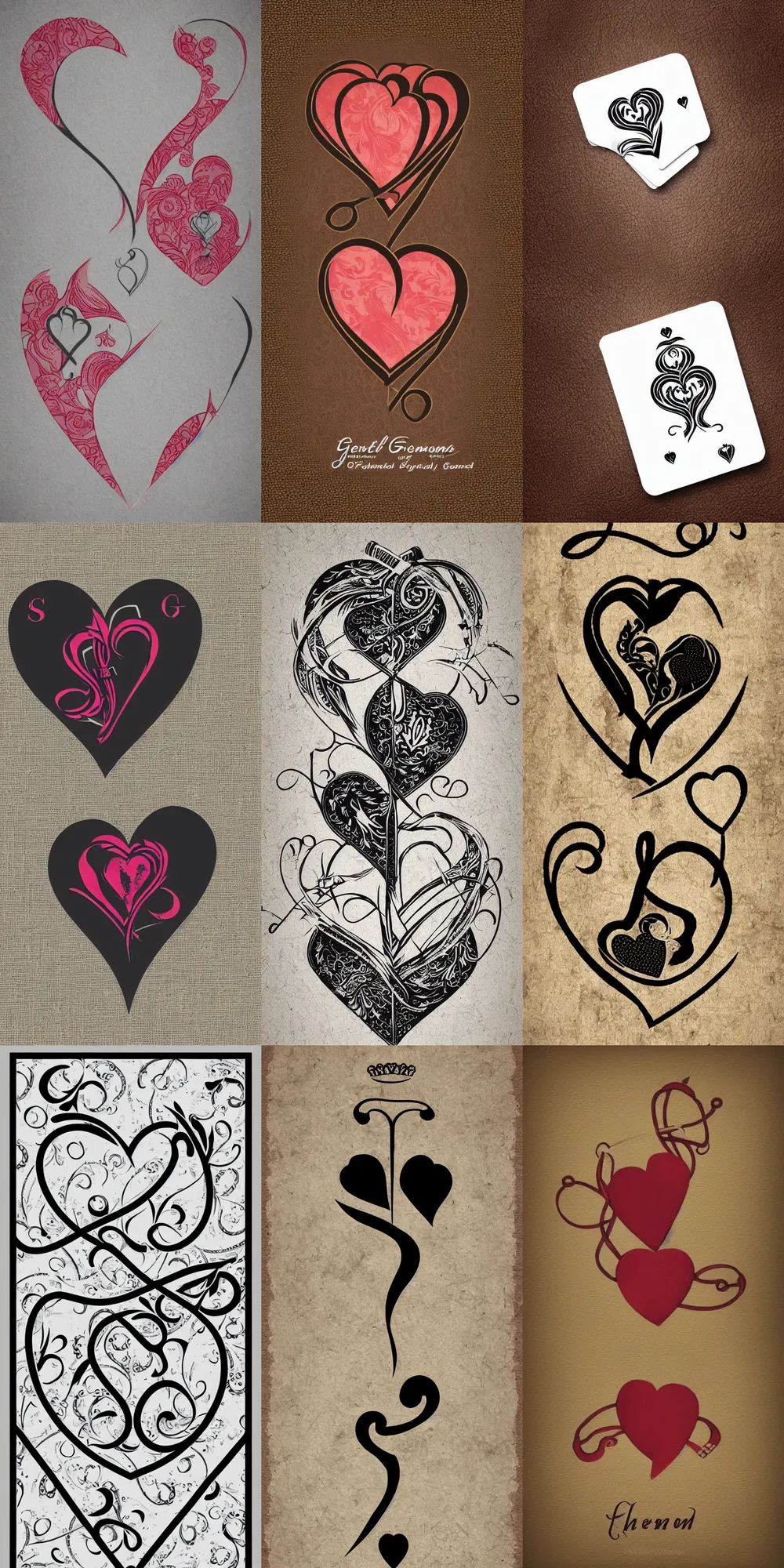 Prompt: gentle femdom, gfd logo, card back template, entwined hearts and spades, stylized
