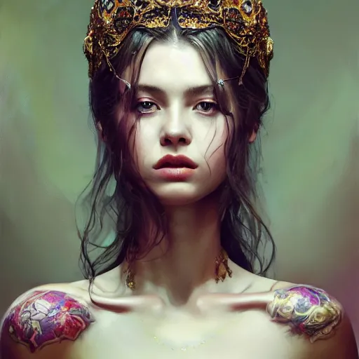 Image similar to expressive oil painting, of alluring european princess, seductive look, smirking, smooth glowing skin, glistening body, love, adoration, sweat, tattoos, ornate headpiece made from beads, glamour shot, by yoshitaka amano, by greg rutkowski, digital art, octane render, artstation, grunge aesthetic