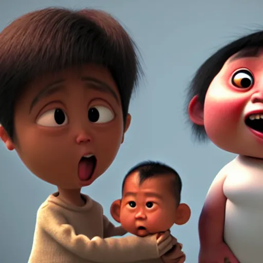 Image similar to shocked asian man cannot believe his eyes that he is holding a dark skinned chubby baby, award winning art, pixar, 3 d render, confusion, unreal engine