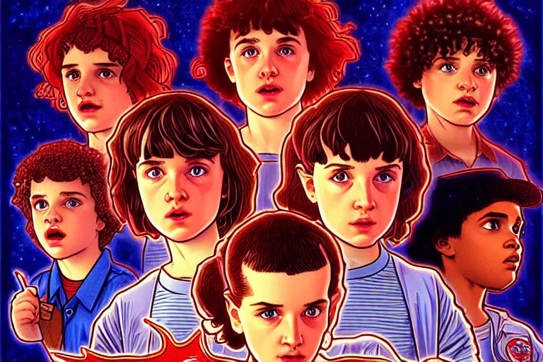 Image similar to closeup shot from the animated version Stranger Things, cartoon, detailed faces, high resolution, hyper detailed, intricate, illustrated, dramatic lighting, illustration, artstation, concept art, smooth, sharp focus, art by Alphonse Mucha and Matt Groening !n-9