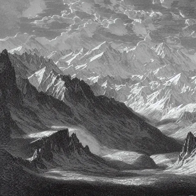 Prompt: an engraving of mont blanc in the alps by gustave dore, foggy, depth, strong shadows, stormclouds, illuminated focal point, highly detailed