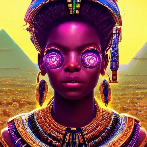 Image similar to highly detailed portrait of an african neon egyptian goddess, intricate alien technology, stephen bliss, unreal engine, fantasy art by greg rutkowski, loish, rhads, ferdinand knab, makoto shinkai and lois van baarle, ilya kuvshinov, rossdraws, tom bagshaw, global illumination, radiant light, detailed and intricate environment